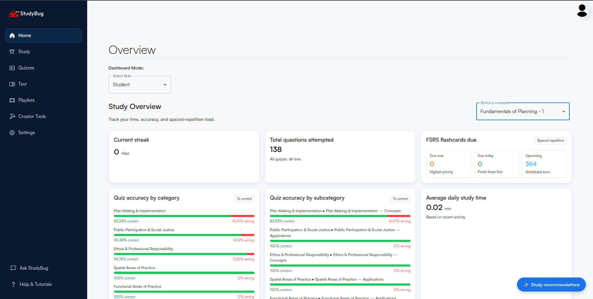 StudyBug student learning dashboard